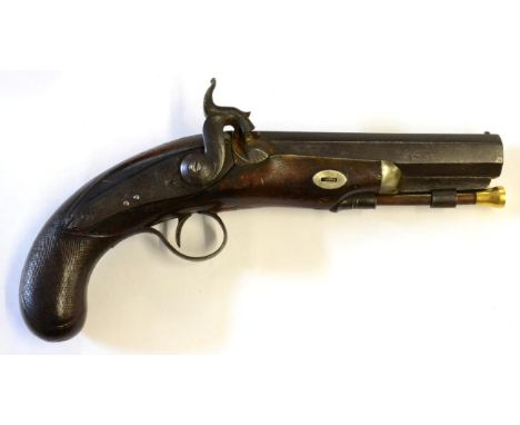 A 19th Century Percussion .60 Bore Overcoat Pistol by R S Clark, London, the 14cm octagonal steel  barrel engraved London to 