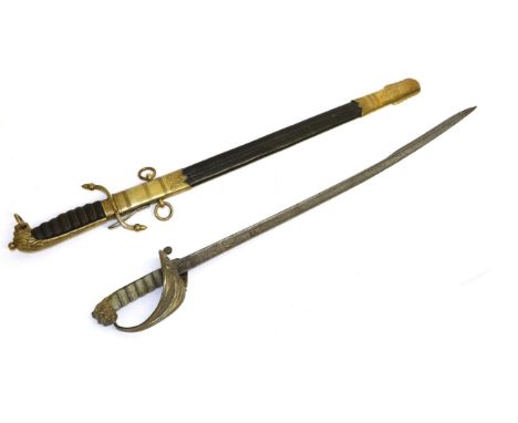 A 19th Century 1827 Pattern Naval Officer's sword, the pipe back blade with spear tip, gilt brass gothic hilt incorporating c