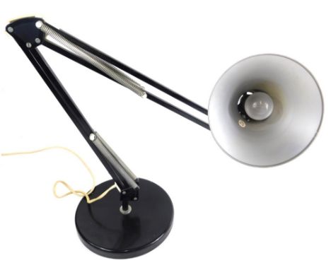 A HCF Denmark metal framed Anglepoise lamp, with cone shade, 16cm wide and articulated stem on circular foot, in black. 