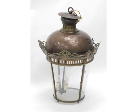 A late 19thC copper lantern, of tapering cylindrical form, with four glazed panels, the the domed top numbered 1594, the inne