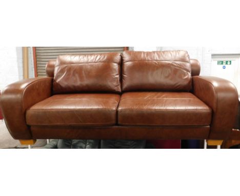 A brown leather sofa with curved arms and back, on oak square tapering feet. 205cm wide 