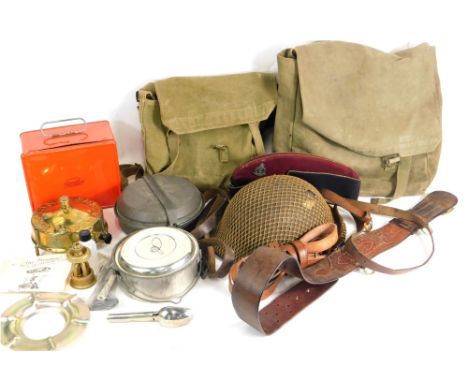 Various army related kit, Sam Browne type belt, a partially boxed camping stove, khaki satchel, hat with cap badge, 30cm wide