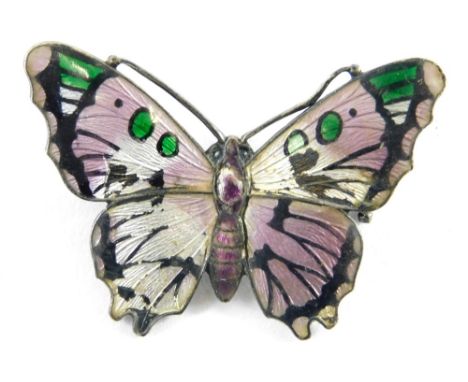 A silver and enamel butterfly brooch, with purple, green and white enamel detail, maker's stamp JA &amp; G, Birmingham 1923, 