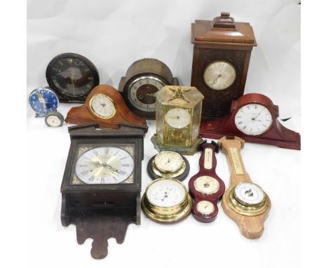 Various clocks, barometers, wall clock, hanging barometer, glazed mantel clock 21cm high etc., ( a quantity) 