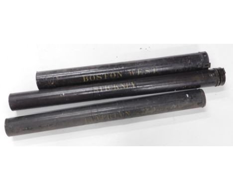 Three Lincolnshire related Ordnance Survey maps, each with a turned mahogany rail and a toleware or painted tin canister, for