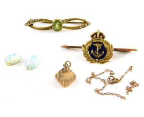 A group of jewellery and effects, comprising two loose opals, a 9ct gold stick pin with enamel naval crest, a 9ct gold perido