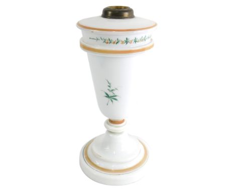 A Victorian milk glass lamp base, of tapering circular form, hand painted with flowers, on a circular foot, 35cm high.