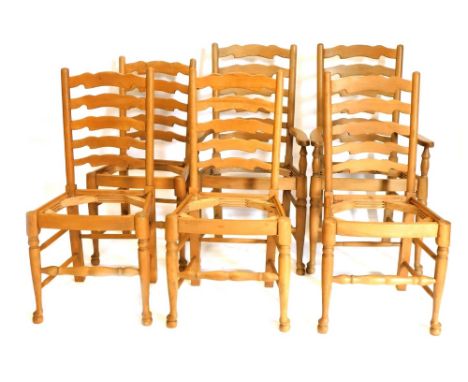 A set of six beech ladder back chairs, lacking seats, two with arms.
