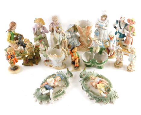 Various bisque porcelain figures, wall plaques, Goebel Hummel figures, to include school girl, 10cm high etc., (a quantity)
