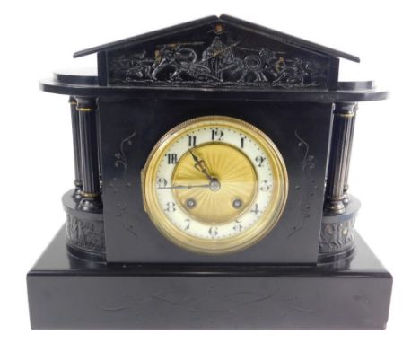 A Victorian architectural design slate mantel clock,  the 11cm diameter Arabic dial flanked by turned columns on a plain squa
