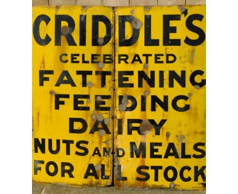 A 20thC two part enamel sign Criddles, Celebrated Fattening Feeding Dairy And Meals For All Stock advertising sign, in black 