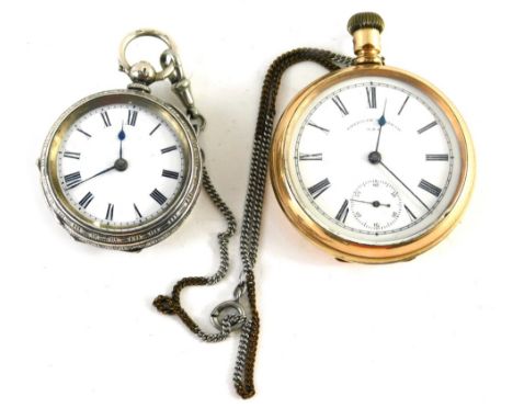 An early 20thC open faced fob watch, with 3cm diameter Roman numeric dial, in engine turned case with vacant cartouche, and a