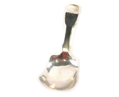 A George IV silver caddy spoon, Fiddle pattern, Birmingham 1827, initialled, 8cm long.