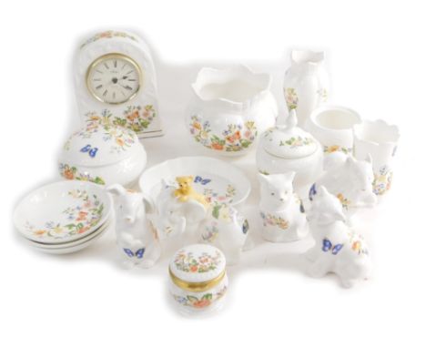 Various Aynsley Cottage Garden wares, mantel clock, 17cm high, various ornaments, lidded jars, puppy, etc, printed marks bene