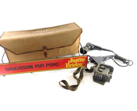 A Justin Bridou Pur Porc butcher's metal rack, 58cm wide, Captain Langford Jones khaki army box, etc.