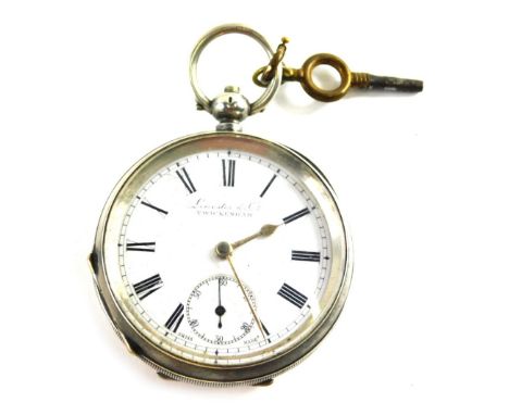 An early 20thC open faced pocket watch, with 5cm diameter Roman numeric dial and subsidiary Arabic second hand, in partially 