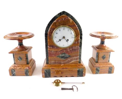 A late 19thC clock garniture, comprising marble mitre shaped clock, 33cm high, with 12cm diameter Arabic raised enamel dial, 
