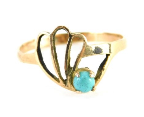 A turquoise dress ring, of central band design, with single turquoise yellow metal stamped 9ct, ring size P½, 1.5g all in.