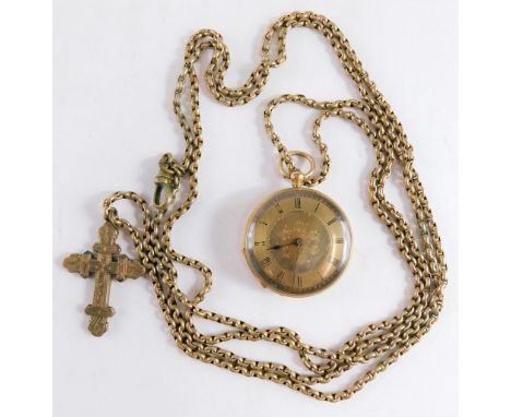 An early 20thC fob watch, the engine turned and chased case marked 18, heavily decorated with scrolls and flowers, the 4cm di