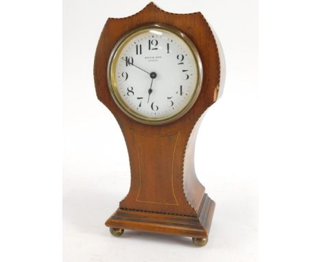 An early 20thC mahogany and inlaid balloon clock, with 8cm diameter Botley &amp; Lewis Reading Arabic dial, on compressed orb