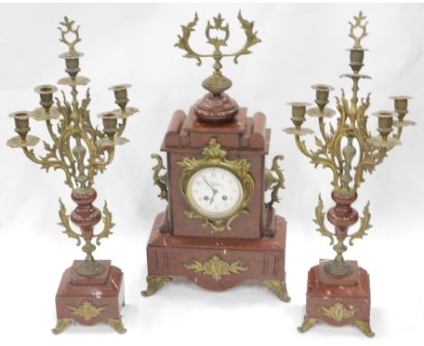 A 19thC marble clock garniture, with gilt metal highlights 11cm diameter Arabic dial with an eight day movement in architectu