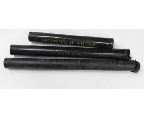 Three Lincolnshire related Ordnance Survey maps, each with a mahogany rail and a Toleware or painted tin canister, for Skilbe