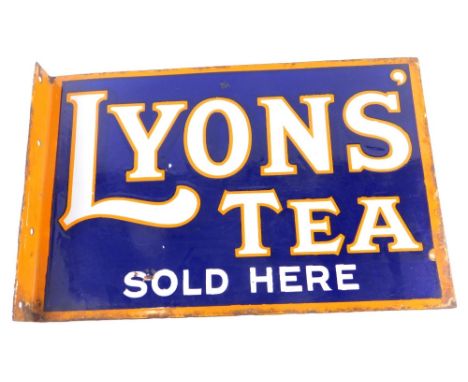 A vintage angular Lyon's Tea Sold Here enamel sign, in white, blue and orange with a side hanging, 30cm high, 46cm wide, 5cm 