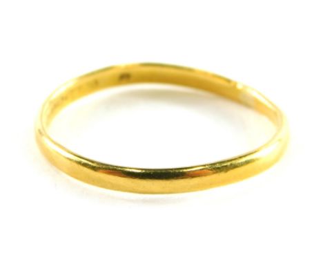 A 22ct gold wedding band, of plain thin design, ring size N, 2.1g all in.