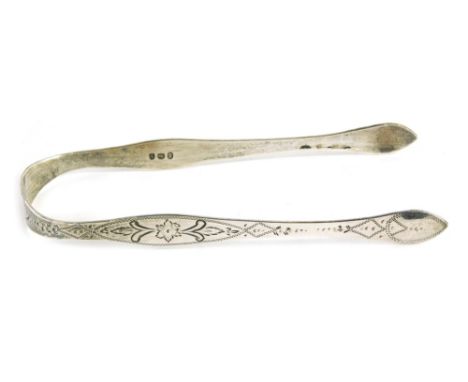 A pair of George III silver sugar bows, partially etched, London 1804, 18cm high, 1oz. Upon initial inspection they work, lig