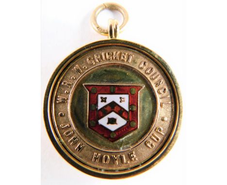 A 9ct gold and enamel cricket medal, centred with a shield and raised W. R. W. Cricket Council John Hoyle Cup, and verso WINN