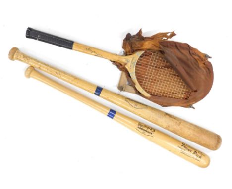 A Rawlings Adirondack 242J pro ring baseball bat, and another, and a tennis racket with stretcher, 70cm long.