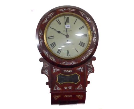 A 19th century rosewood-cased and mother of pearl inlaid drop-dial wall-hanging clock: cream enamel dial with Roman numerals 