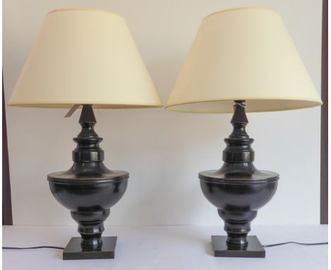 14&nbsp; A pair of black OKA table lamps with shades modelled as classical style urns (each lamp approx. 53cm high not includ