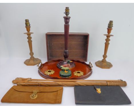 An interesting selection of collectibles to include:a pair of Arts and Crafts style oak candlesticks;a finely-carved neoclass