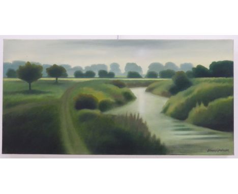 JENNY GRAHAM (b. 1946) - 'The River Perrett Meandering Through Open Countryside', oil on canvas signed lower right (40 x 79.7