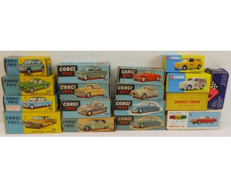 17 boxed die-cast vehicles:&nbsp; Dinky Toys (238 Jaguar Type D. Racing Car); Corgi Toys (200 Ford Consul Saloon, 203 Vauxhal