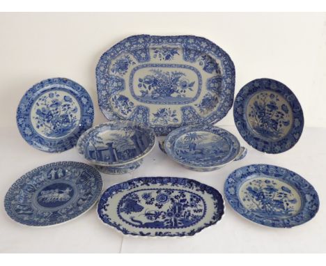 Eight good 19th century (including early 19th century) blue-and-white ceramic pieces comprising:a Spode platter decorated wit