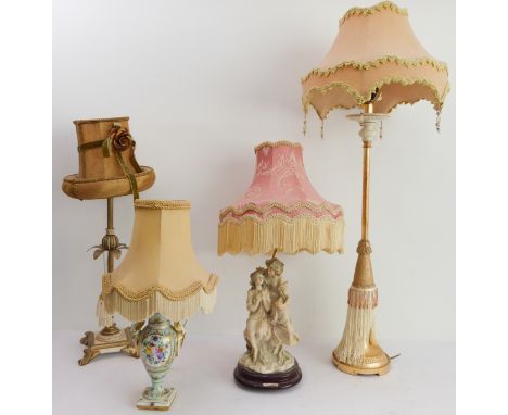 Four lamps comprising three stylish modern lamps with elaborate shades and a 19th century two-handled French porcelain vase (