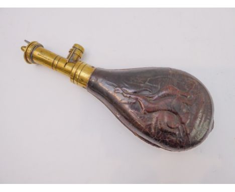 A 19th century James Dixon &amp; Sons patent&nbsp;brass-mounted powder flask, the leather pouch embossed with game decoration