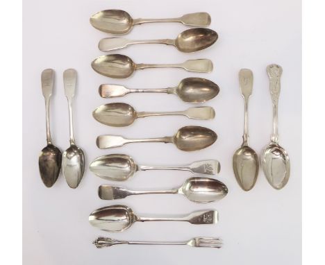 Thirteen early to mid 19th century hallmarked silver tablespoons and a hallmarked silver pickle-fork: various assay offices, 