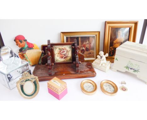 An interesting selection of decorative items to include:a late 19th century mahogany transfer-decorated wall-hanging shelf wi