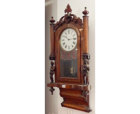 A large 19th century walnut and Tunbridge banded wall-hanging eight-day clock: white-enamel dial with Roman numerals and the 