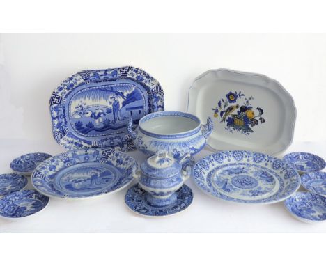 Various 19th century blue-and-white ceramic wares to include:a large two-handled Spode tureen (star crack) on circular stand;