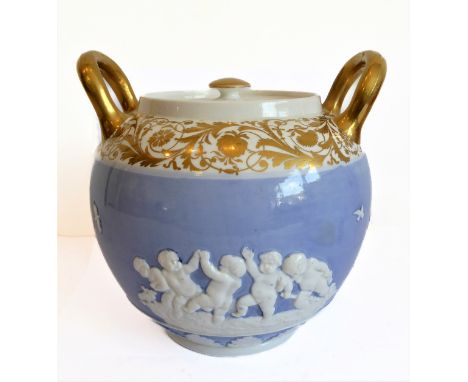 An early 19th century Spode two-handled&nbsp;ovoid&nbsp;pot and cover: gilded handles and a band of further foliate gilding a