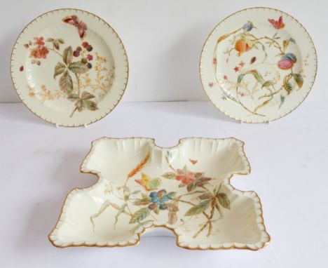 A late 19th century Derby quatrefoil-shaped serving dish decorated with flowers, tendrils and gilt highlighted edge (23 cm wi