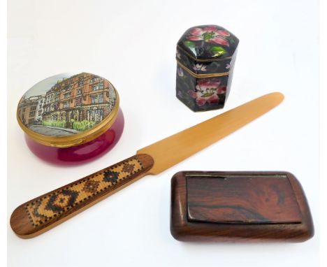 19th Century Tunbridge and sycamore letter opener, circa 1870, a Victorian fruitwood snuff box, a hand painted enamelled pill