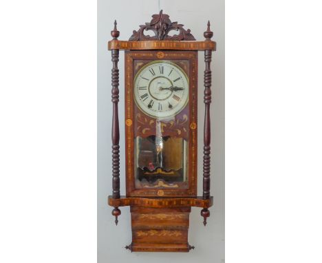 A large walnut-cased and Tunbridgeware-inlaid eight-day wall-hanging clock: the white dial with Roman numerals and signed 'Ho