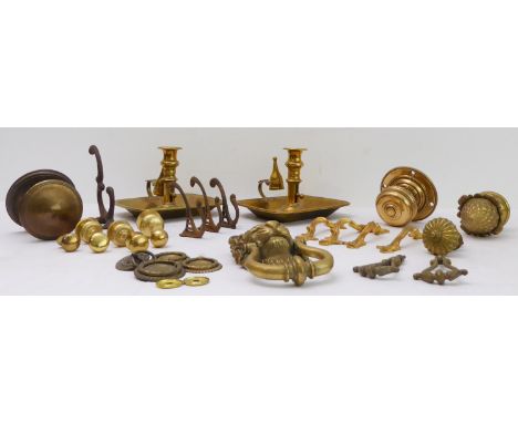 A good and interesting selection of brassware and door furniture to include:a pair of late 19th/early 20th century brass ejec