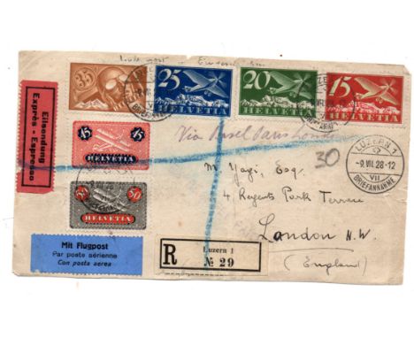  Switzerland  hi value stamps on air front to London 1928, SG 316, 317, 318, 320, 323,324  light cds cancels  total cat £160+