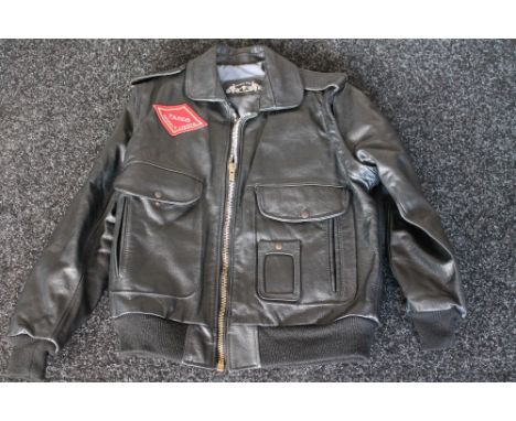 JUDAS PRIEST - black leather crew jacket thought to date from their 1984 World Tour.  With a logo on the reverse and stitched